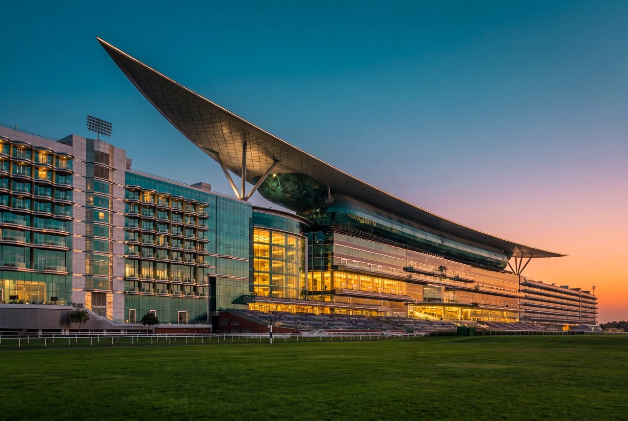 The Meydan Grandstand in Nad Al Sheba, Dubai, at dusk: its curved roof and glass facade overlooking the racecourse